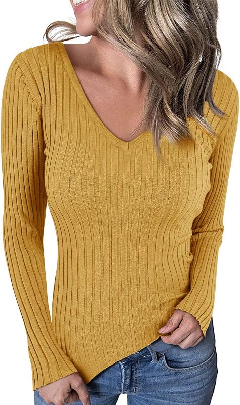 Photo 1 of Ephanny Women's Rib Pullover Sweater Classic Elastic Solid Color Long Sleeve V-Neck Sweaters
POSSIBLE SIZE S/M