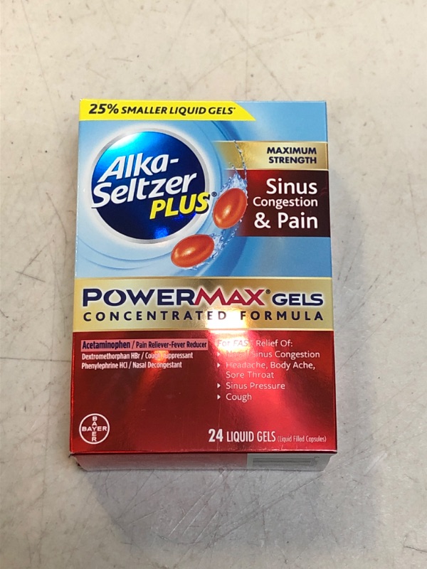 Photo 2 of Alka-Seltzer Plus Maximum Strength PowerMax Sinus Congestion and Pain Liquid Gels with Pain Reliever, Fever Reducer, Cough Suppressant, Nasal Decongestant, Cold Medicine, 24 count ---- EXP 10/2025