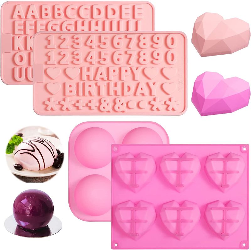 Photo 1 of 4 Pcs Heart Candy Letter Molds for Chocolate Numbers Fondant Molds Silicone Uppercase Lowercase Alphabet Diamond Cake Mold Trays Breakable Half Round Mold Trays for Valentine Candy Cake (Pink)
