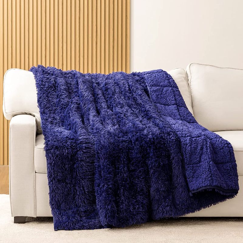 Photo 1 of HBlife Soft Faux Fur Sherpa Weighted Blanket for Adults 15 Pounds Queen Size 60X80 Inches, 100% Oeko-Tex Certified Decorative Shaggy Fluffy Plush Reversible Fuzzy Heavy Blanket, Blue
