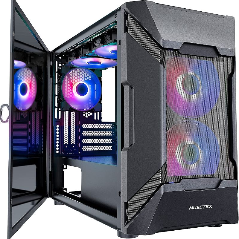 Photo 1 of MUSETEX Mesh MATX (Micro-ATX) Case 5 PCS ARGB Fans Pre-Installed 2 × USB 3.0 Ports, Opening Tempered Glass Panel Airflow Micro-ATX / Mini-ITX Tower Gaming PC Case (MK7)
