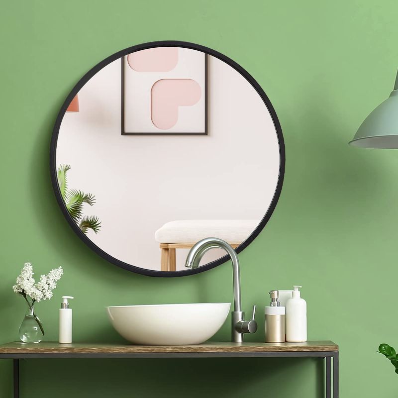 Photo 1 of  Black Circle Wall Mirror 18 Inch Round Wall Mirror with Metal Frame for Entryways, Bathrooms, Living Rooms, Wall Decor, Farmhouse, Makeup Vanity (Black, 18" x 18")