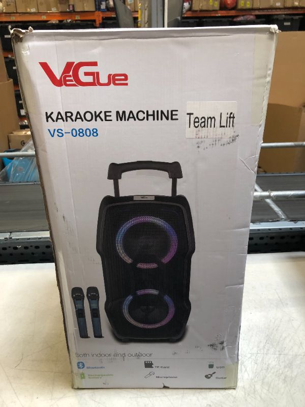 Photo 6 of VeGue Karaoke Machine, Wireless Bluetooth PA System for Adults & Kids with Dual 8'' Subwoofers, 2 UHF Wireless Mics, Colorful LED Lights, Ideal for Home Karaoke, Party, Stage Performance (VS-0808)
