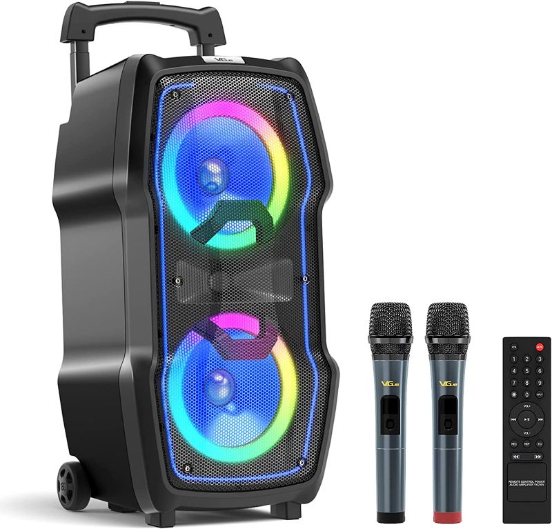 Photo 1 of VeGue Karaoke Machine, Wireless Bluetooth PA System for Adults & Kids with Dual 8'' Subwoofers, 2 UHF Wireless Mics, Colorful LED Lights, Ideal for Home Karaoke, Party, Stage Performance (VS-0808)
