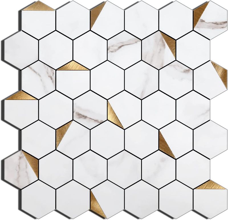 Photo 1 of 10PCS Peel and Stick Backsplash White Marble with Gold Metal for Kitchen Bathroom Desktop (White Gold)
