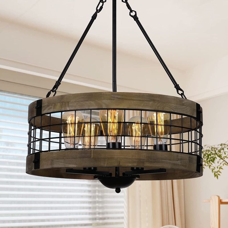 Photo 1 of 5-Light Farmhouse Chandelier Rustic Round Hanging Pendant Lighting Fixture for Dining Room Industrial Wood Metal Drum Chandelier for Kitchens Island Foyer Entryway Cafe Bar
