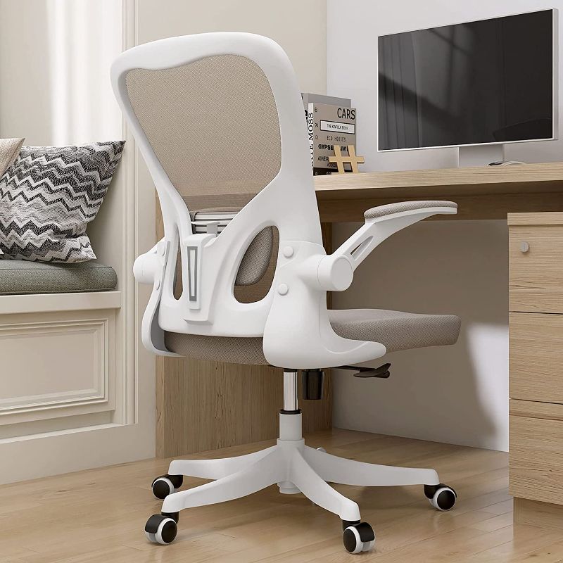 Photo 1 of Monhey Office Chair - Ergonomic Office Chair with Lumbar Support & Flip-up Arms Home Office Desk Chairs Height Adjustable High Back Rockable Computer Chair Swivel 360° Warm Taupe Mesh Study Chair
