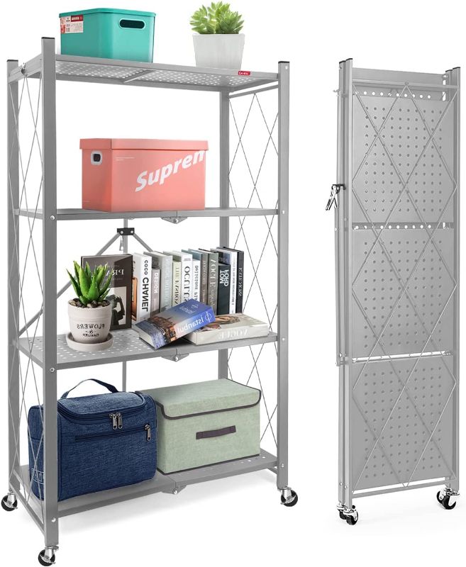 Photo 1 of 4-Shelf Foldable Storage Shelves with Wheels Metal Grey Open size. 28 x 14.3 x 50"
