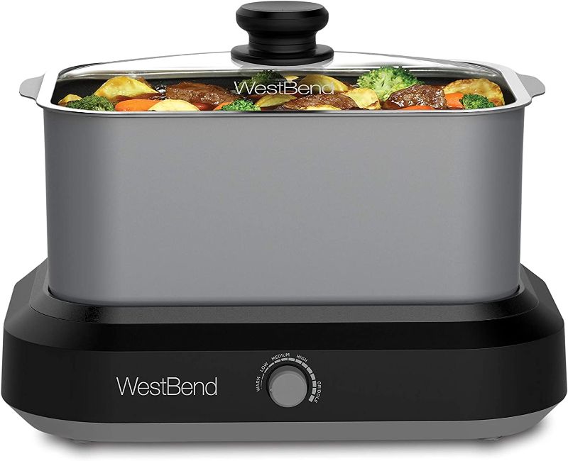 Photo 1 of West Bend 87906 Slow Cooker Large Capacity Non-stick Variable Temperature Control Includes Travel Lid and Thermal Carrying Case, 6-Quart, Silver -------- OUT OF THE BOX NEW, TESTED TURNS ON