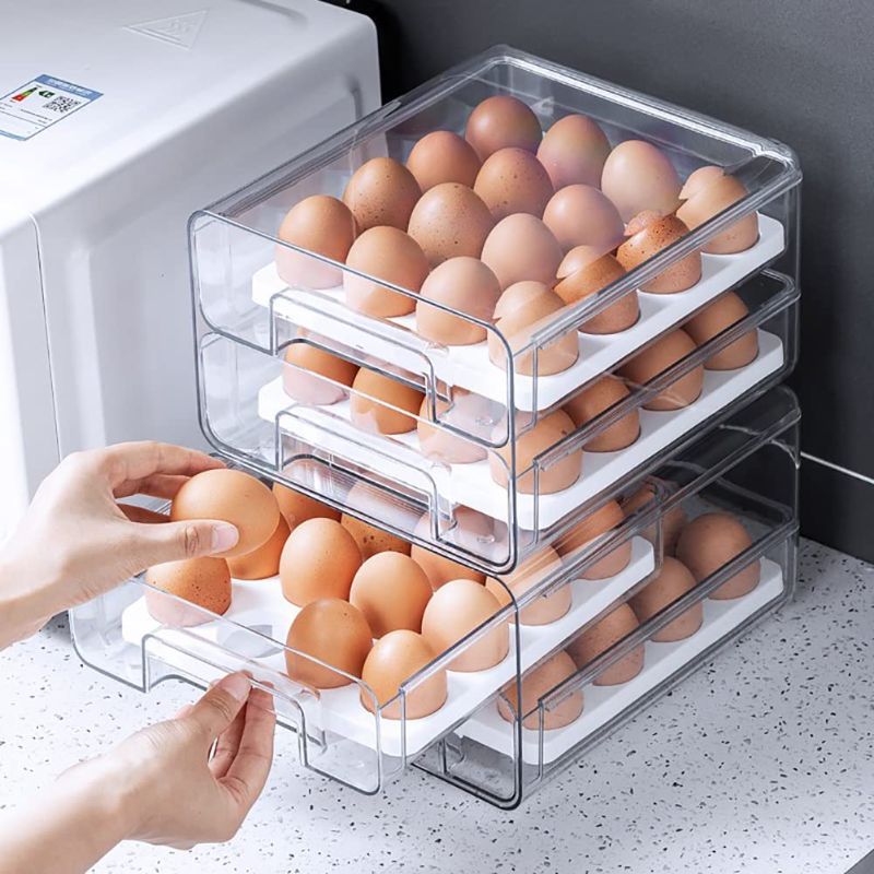 Photo 1 of 64grid Stackable Egg Holder For Refrigerator Drawer Pull Out, Clear Egg Container Fridge Storage Box Plastic Bins With Tray For Pantry Kitchen Cabinet (double Layer, 2Pack) --------- FACTORY SEALED, OPENED TO INSPECT
