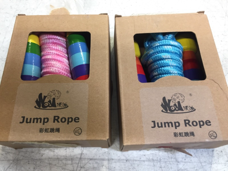 Photo 2 of BTToyy Kids Jump Rope with Wood Handles, Rainbow Jumping Rope, Adjustable Skipping Rope, Kids Fitness Equipment for Kids, Children (2 Pack, 9.8 Feet)
