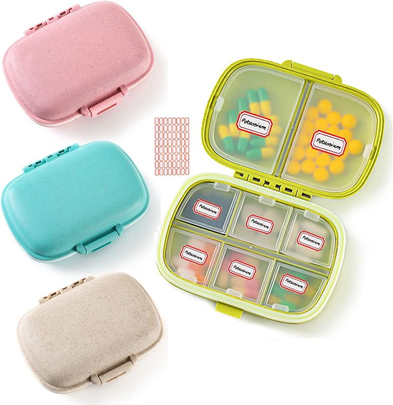 Photo 1 of 4 Pack Daily Pill Case Organizer, 8 Compartment Pill Box Drug Medicine Case, Waterproof Pill Supplement Case, Portable Travel Pocket Container Compact for Vitamin, Cod Liver Oil, Pink+Blue+Green+Khaki
