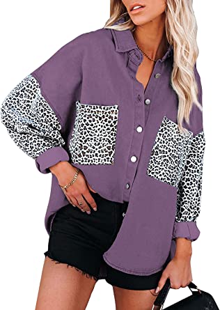 Photo 1 of Dokotoo Womens Contrast Leopard Denim Jacket Long Sleeve Button Down Shirts Boyfriend Oversized Blouses Tops
medium 