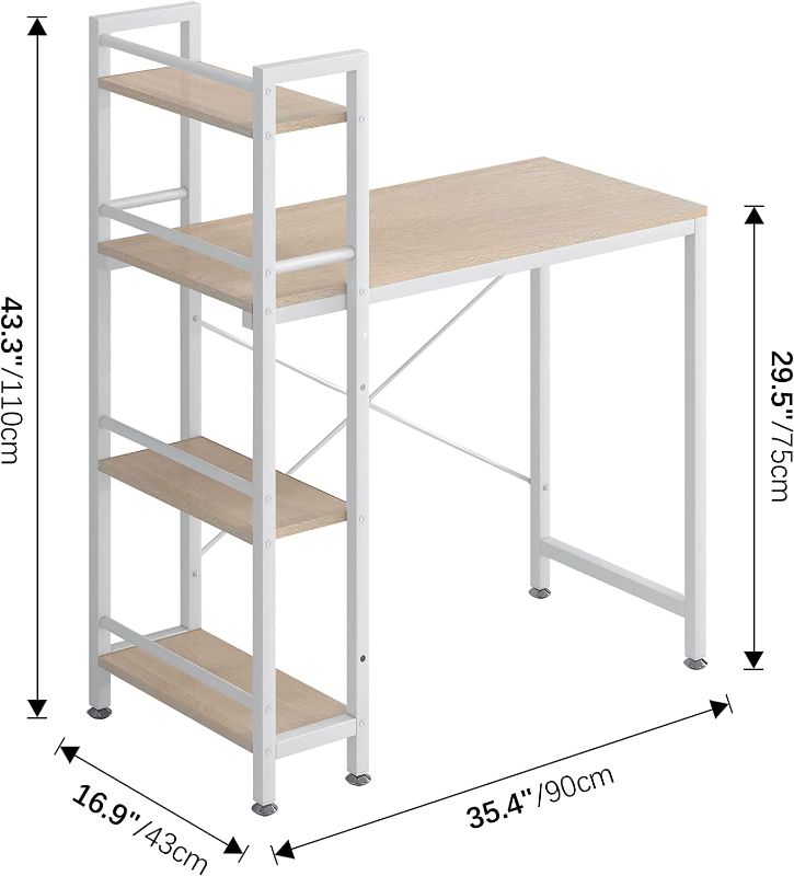 Photo 1 of 4NM 35" Small Computer Desk with 4-Tier Bookshelf, Home Office Desk Writing Workstation Study Table Multipurpose for Small Space Work - Natural and White
