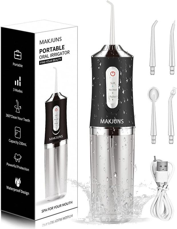 Photo 1 of MAKJUNS Water Flosser Cordless Teeth Cleaner with 3 Modes 4 Jets Rechargeable IPX7 Waterproof Dental Oral Irrigator for Travel Home Braces(Ivory Black) 6 count
