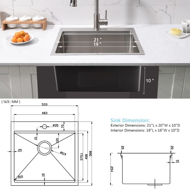 Photo 1 of 21 Inch Bar Sink Drop In, Stainless Bar Sink Workstation- Bokaiya 21x20 Inch Stainless Steel 