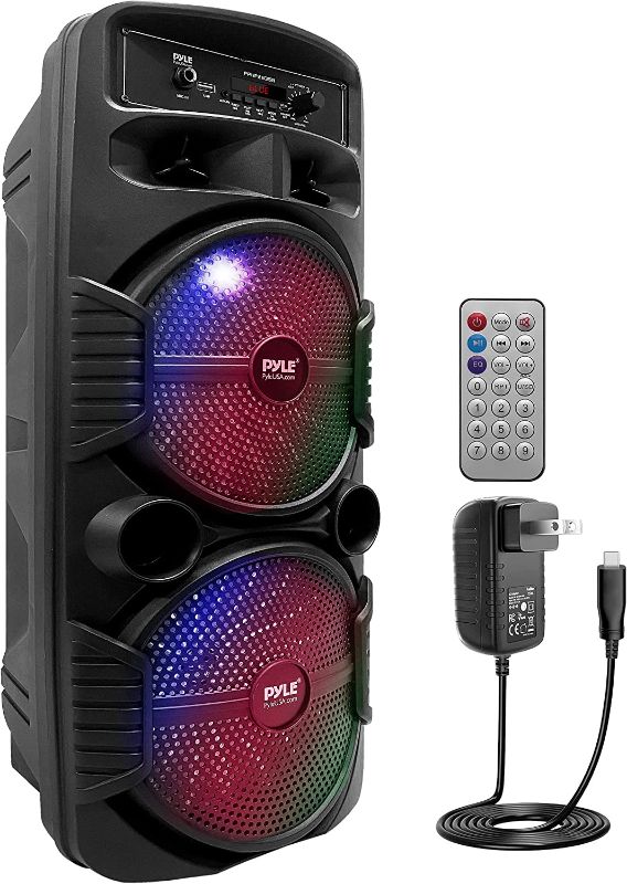 Photo 1 of Pyle Portable Bluetooth PA Speaker System - 600W Rechargeable Outdoor Bluetooth Speaker Portable PA System w/ Dual 8” Subwoofer 1” Tweeter, Microphone In, Party Lights, USB, Radio, Remote - PPHP2835B
