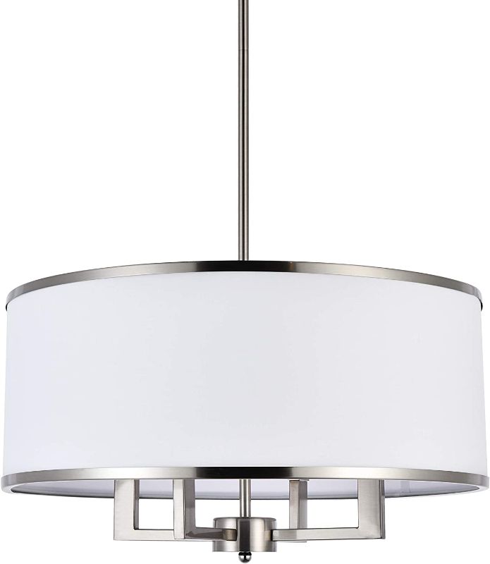 Photo 1 of A1A9 Classic 4-Light Drum Pendant Lighting Fixture, 20'' White Fabric Shade, Vertical Rod Semi Flush Mount Ceiling Lights, Brushed Nickel Chandelier for Foyer Entryway Hallway Dining Room
