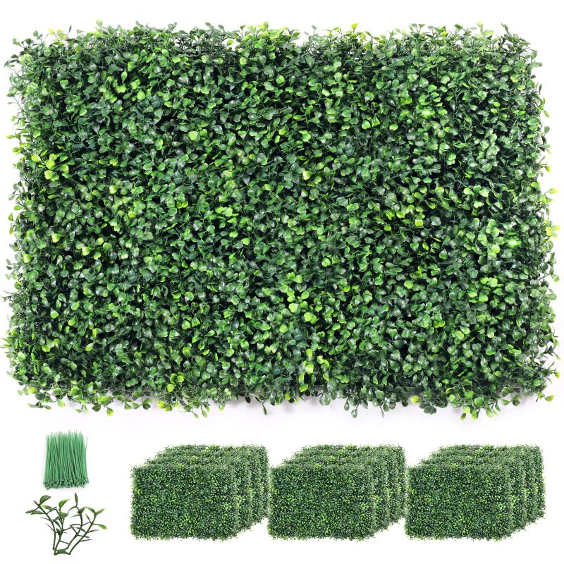 Photo 1 of Yuego 12 Packs Grass Wall Boxwood Panels, 24" x 16" Artificial Green Topiary Hedge Plants for Privacy Fence Screen Sun Protected, Greenery Walls Backdrop for Indoor, Outdoor, Garden, Backyard Decor Large Green