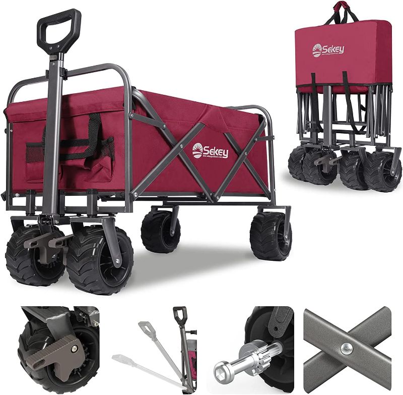 Photo 1 of Sekey Collapsible Foldable Wagon with 220lbs Weight Capacity, Heavy Duty Folding Garden Cart with Big Beach Brake Wheels & Drink Holders.Red
