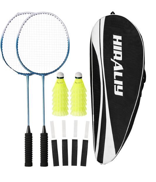 Photo 1 of HIRALIY Badminton Rackets Set of 2 for Outdoor Backyard Games, Including 2 Rackets, 12 Nylon Shuttlecocks, 4 Replacement Grip Tapes (Blue)