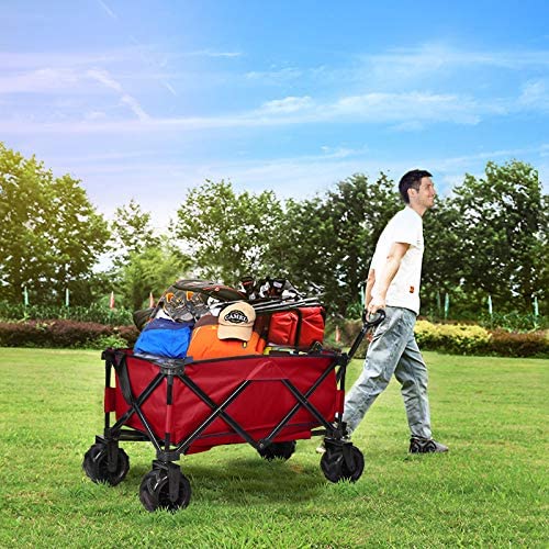 Photo 1 of ACTION CLUB Folding Wagon Collapsible Utility Big Wheels Shopping Cart for Beach Outdoor Camping Garden Canvas Fabric All Terrain Heavy Duty Portable Grocery Cart Buggies Adjustable Handle (Red)
