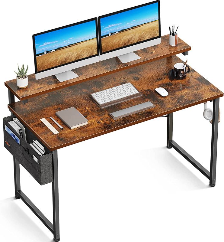 Photo 1 of ODK Computer Desk with Adjustable Monitor Shelves, 48 inch Home Office Desk with Monitor Stand, Writing Desk, Study Workstation with 3 Heights (10cm, 13cm, 16cm), Rustic Brown
