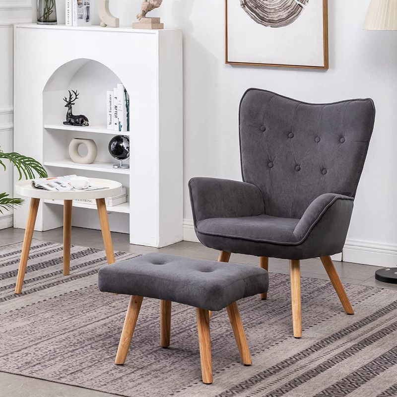 Photo 1 of ALIMORDEN Modern Club Chair with Footrest Ottoman, Single Padded Sofa Armchair, Accent Tufted Button Vanity Chair, Upholstered Lounge Seat, Reading Chair for Living Room, Bedroom, Dark Grey
