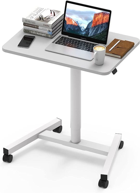 Photo 1 of MPETAPT 28 Inch Height Adjustable Laptop Sit to Stand Desk with Wheels, Adjustable Rolling Standing Laptop Mobile Desk Cart Coffee Table - White