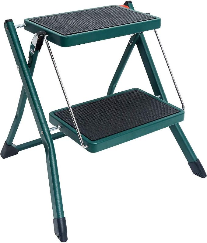 Photo 1 of ACSTEP Folding Step Stool 2 Step Ladder Heavy Duty Steel Step Stools for Adults & Kids with Anti-Slip Wide Pedal Lightweight Portable Collapsible Stool Kitchen Folding Ladder 330Ibs Capacity (Green)
