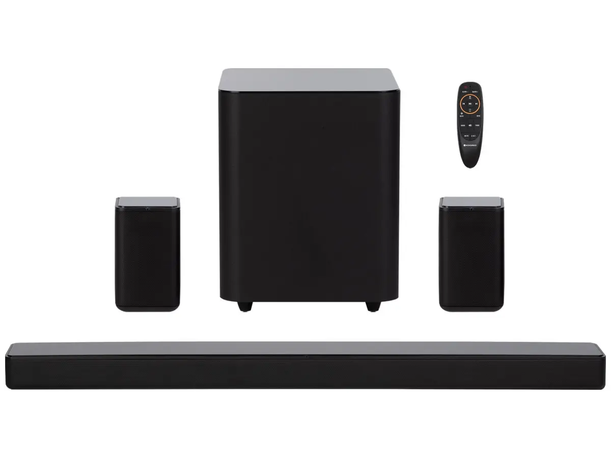 Photo 1 of Monoprice SB-500 Dolby Digital 5.1 Soundbar with Wireless Surround Speakers and Wireless Subwoofer, 2 HDMI Inputs, 4K HDR Pass-Through, Optical, Coax, ARC, Remote
for parts only