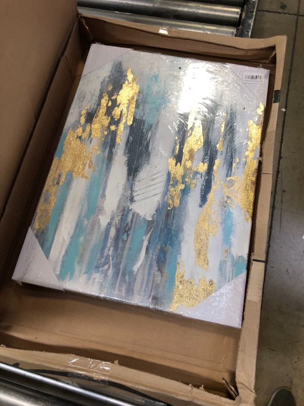 Photo 1 of Abstract wall art with Gold foil - Gray blue canvas artwork decor with gold hand texture for modern style decor?18" x 24", Ready to hang Greyblue&Gold 18Wx24L