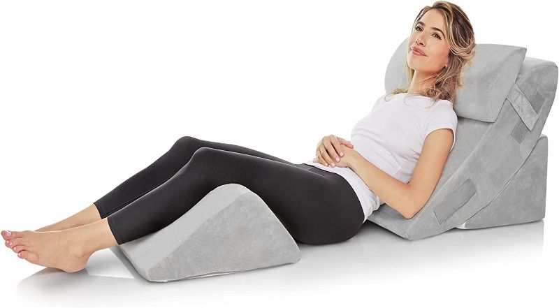 Photo 1 of 4 Pc Bed Wedge Pillows Set - Orthopedic Wedge Pillow for Sleeping - Multi Angle Relief System for Back, Neck. Shoulder, and Leg Elevation Pillows | Acid Reflux, Anti Snoring - Machine Washable Cover Grey