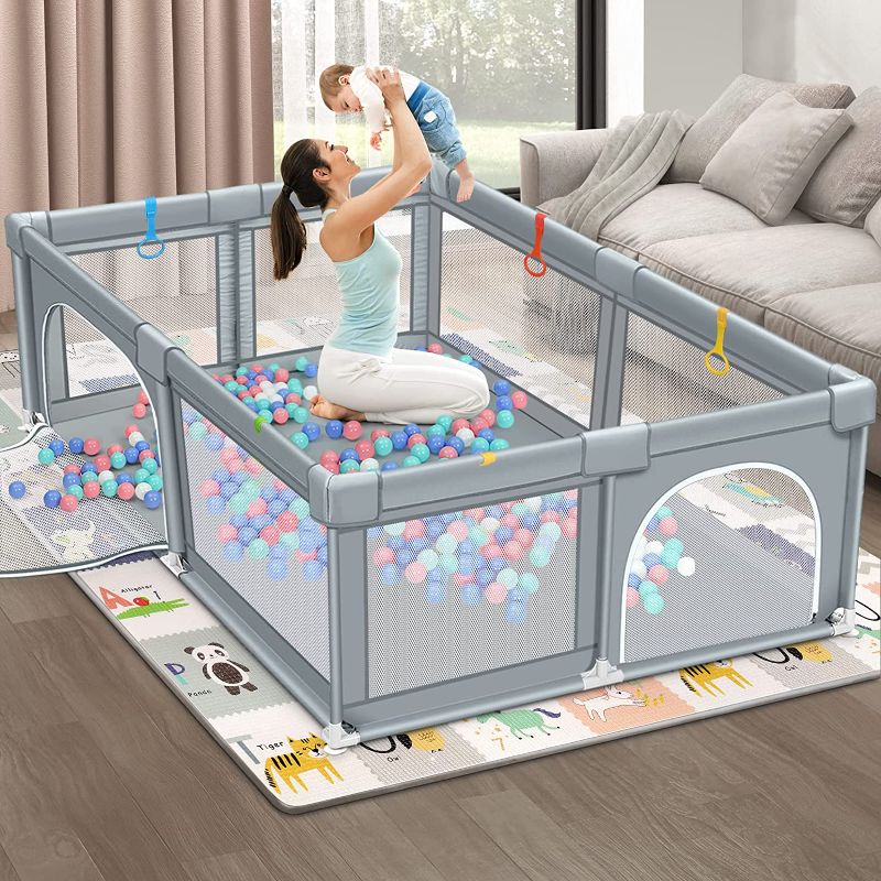 Photo 1 of Dripex Baby Playpen, Large Baby Playards with Zipper Gates, Kids Play Pen, Safe No Gaps, See-Through mesh, Play Pens for Babies and Toddlers, Baby Gate Playpen, Baby Fence (Grey 79 * 59 inch)
