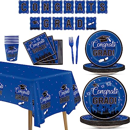 Photo 1 of 2023 Graduation Party Supplies, Graduation Party Plates Napkins Banner Cups Tablecloth Forks Knives Party Tableware Set, Graduation Party Disposable Paper Plates, Serve 24 Guests (Blue)
