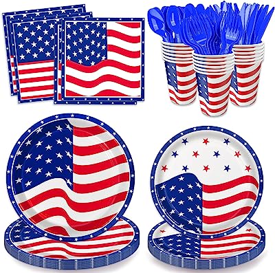 Photo 1 of 170 pcs American Flag Themed Tableware Set?Patriotic Plates and Napkins Party Supplies,-July 4th Plates Cup Napkin Tablecloth,for 4th of July Celebration,Patriotic Party Decoration,Memorial Day (Serves 24? https://a.co/d/5DmC08p