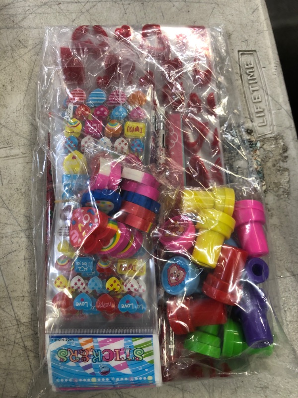 Photo 2 of 102PCS Valentine Stationary Set with Cellophane Treat Bags Valentines Day Gifts for Kids Classroom Exchange Prizes Party Favors with Erasers Stampers Stickers Cards Pencils