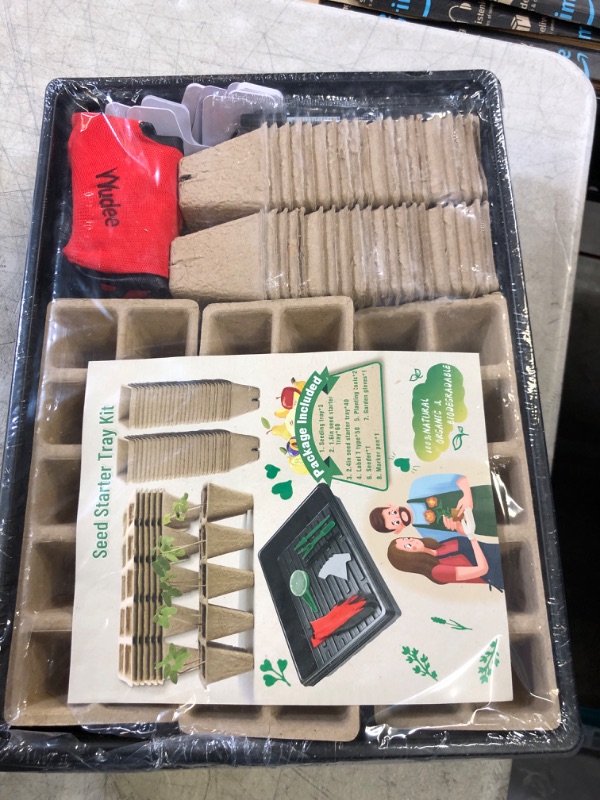 Photo 2 of 100 Cells Seedling Starter Trays,Plant Starter Trays,Biodegradable Plant Starter Pots,Peat Pots for Seedlings with 3 Plastic Seed Trays 50 Labels and 5 Plant Tools