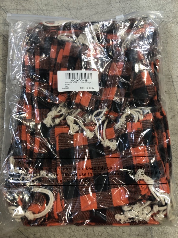 Photo 2 of 18 Pieces Christmas Plaid Drawstring Bags Christmas Fabric Present Bags Xmas Washable Bags Stocking Storage Sack for Christmas Party Favor Supplies (Orange Black)