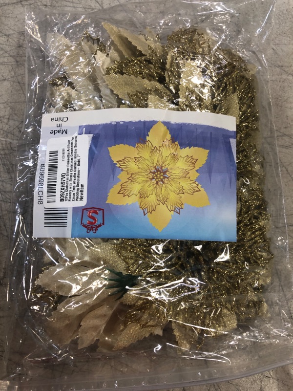 Photo 1 of 12Pcs Christmas Glitter Poinsettia Artificial Flowers with Stems Christmas Ornaments for Xmas Tree Wreaths Garland Holiday Seasonal Wedding Decorations- Gold, 7"