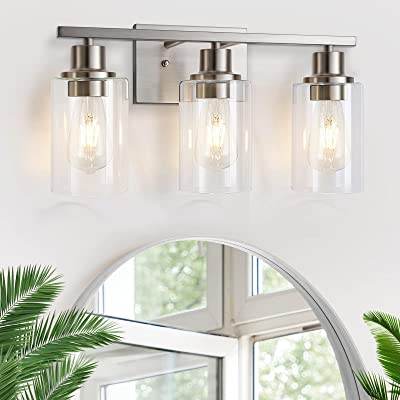 Photo 1 of 3-Light Bathroom Vanity Light Fixtures, Brushed Nickel Wall Sconce Lighting Modern Wall Light with Clear Glass Shade, Porch Wall Lamp Mounted Lights over Mirror for Living Room, Bedroom, Hallway