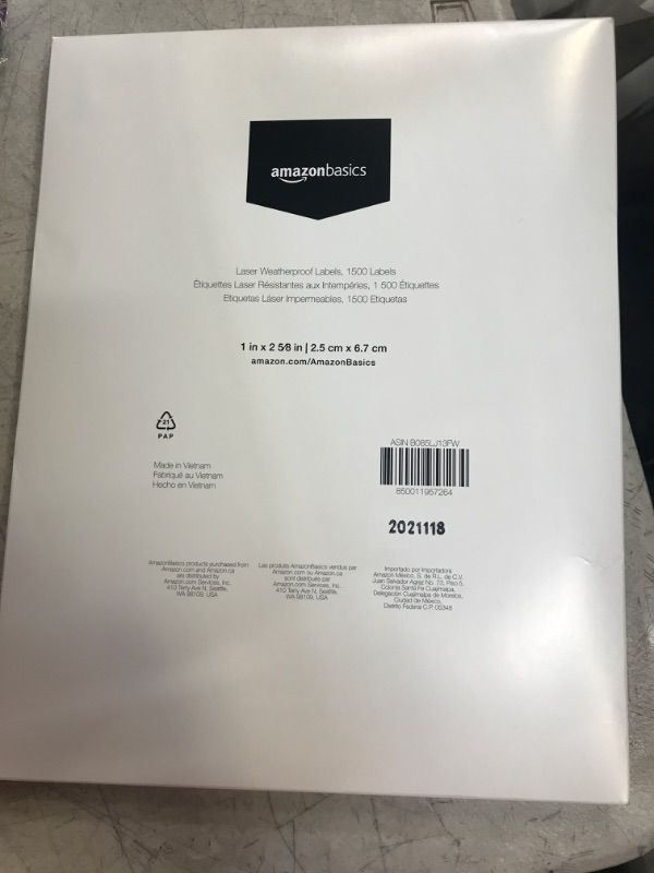 Photo 2 of Amazon Basics Weatherproof Laser Shipping Labels, 1" X 2 5/8" (2.5 X 6.7 cm), 1500 Labels rectangle 1"x2-5/8"