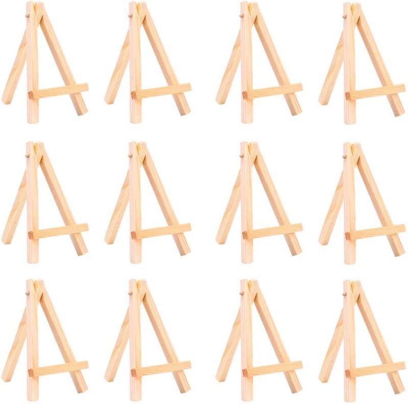 Photo 1 of 12 Pack 5" Mini Wood Display Easel, Natural Wooden Tripod Holder Stand for Displaying Small Canvases, Business Cards, Photos