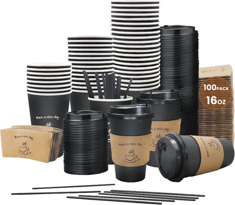 Photo 1 of AIRE 100 Pack 16 oz Disposable Coffee Cups with Lids, Sleeves and Stir Straws, Paper Coffee Cups with Lids, To Go Coffee Cups Hot Cups with Lids for Tea Coffee Hot Chocolate at Home, Stores and Cafes
