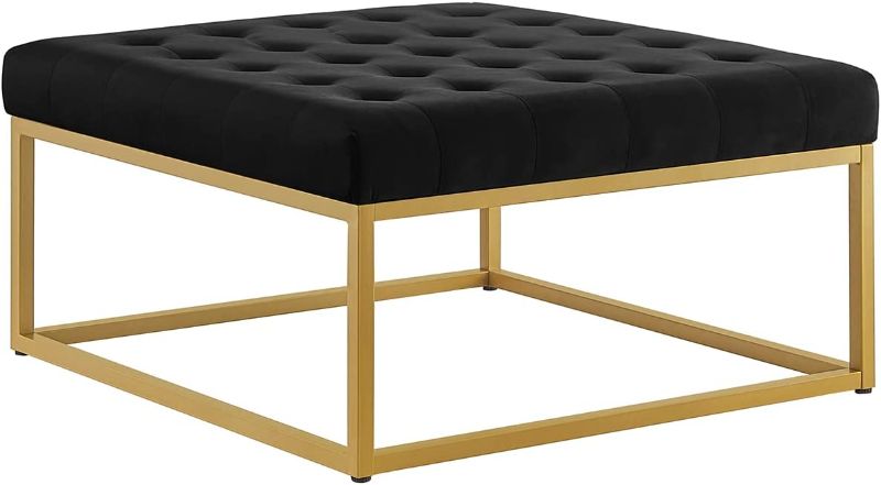 Photo 1 of 24KF Middle Century Upholstered Tufted Coffee Table with Velvet Padded Seat, Large Square Ottoman with Golden Metal Frame – Black
