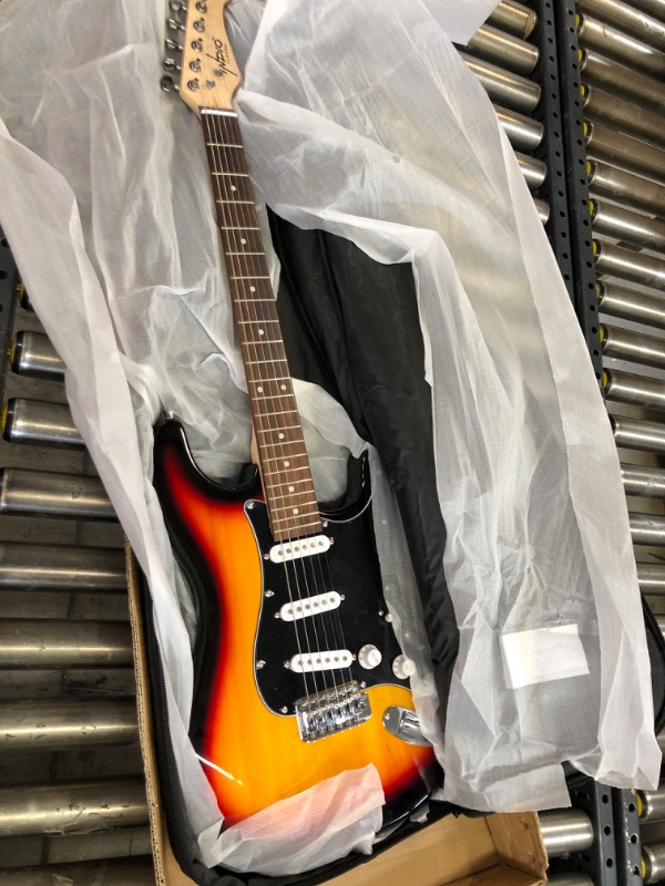 Photo 3 of Monoprice Cali Classic Electric Guitar - Sunburst, 6 Strings, Double-Cutaway Solid Body, Right Handed, SSS Pickups, Full-Range Tone, With Gig Bag, Perfect for Beginners - Indio Series Sunburst Guitar