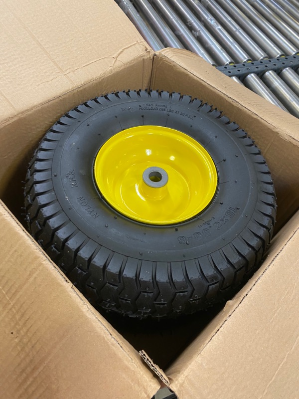 Photo 2 of (2 Pack) AR-PRO Exact Replacement 15" x 6.00 - 6" Front Tire and Wheel Assemblies for John Deere Riding Mowers - Compatible with John Deere 100 and D100 Series - 3” Hub Offset and 3/4” Bushings 15" x 6.00-6" Yellow