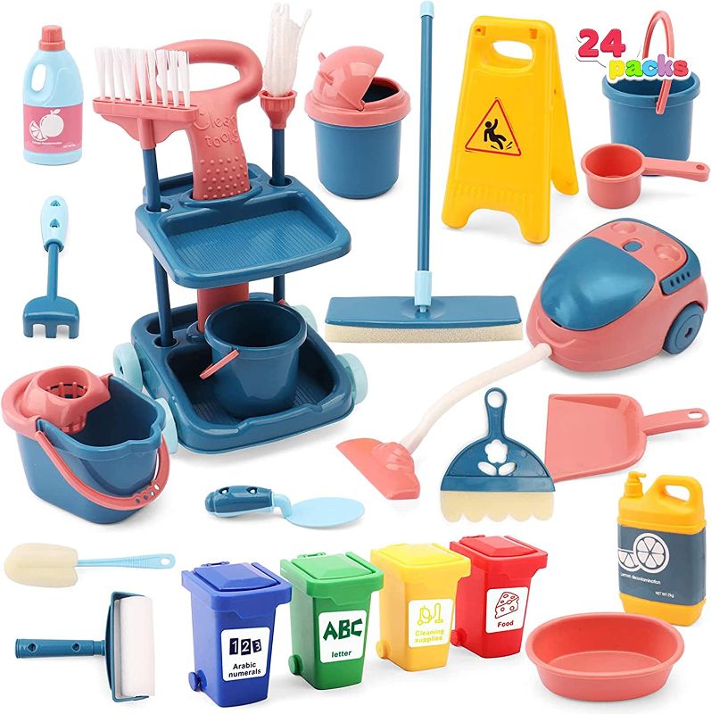 Photo 1 of JOYIN 24 Pcs Kids Cleaning Mini Set - Toy Cleaning Set Includes Vacume, Broom, Mop, Brush, Dust Pan, Duster, Sponge, Bucket, Caution Sign, Trash Can - Toy Kitchen Toddler Cleaning Set Educational Toys

