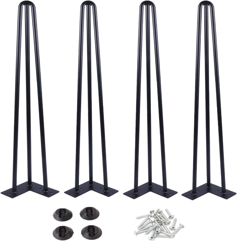 Photo 1 of 28 Inch Hairpin Table Legs with 1/2” Dia 3-Rods, Metal Furniture Legs for Coffee Table and Console Table, Mid-Century Black Hairpin Legs with Hairpin Floor Protector Feet, 4 Pack