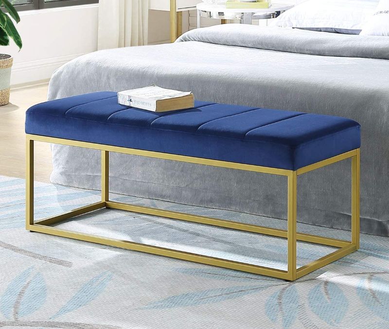 Photo 1 of 24KF Navy Velvet Upholstered Tufted Channel Bench, Velvet Cushion with Golden Metal Frame -Navy/Golden
